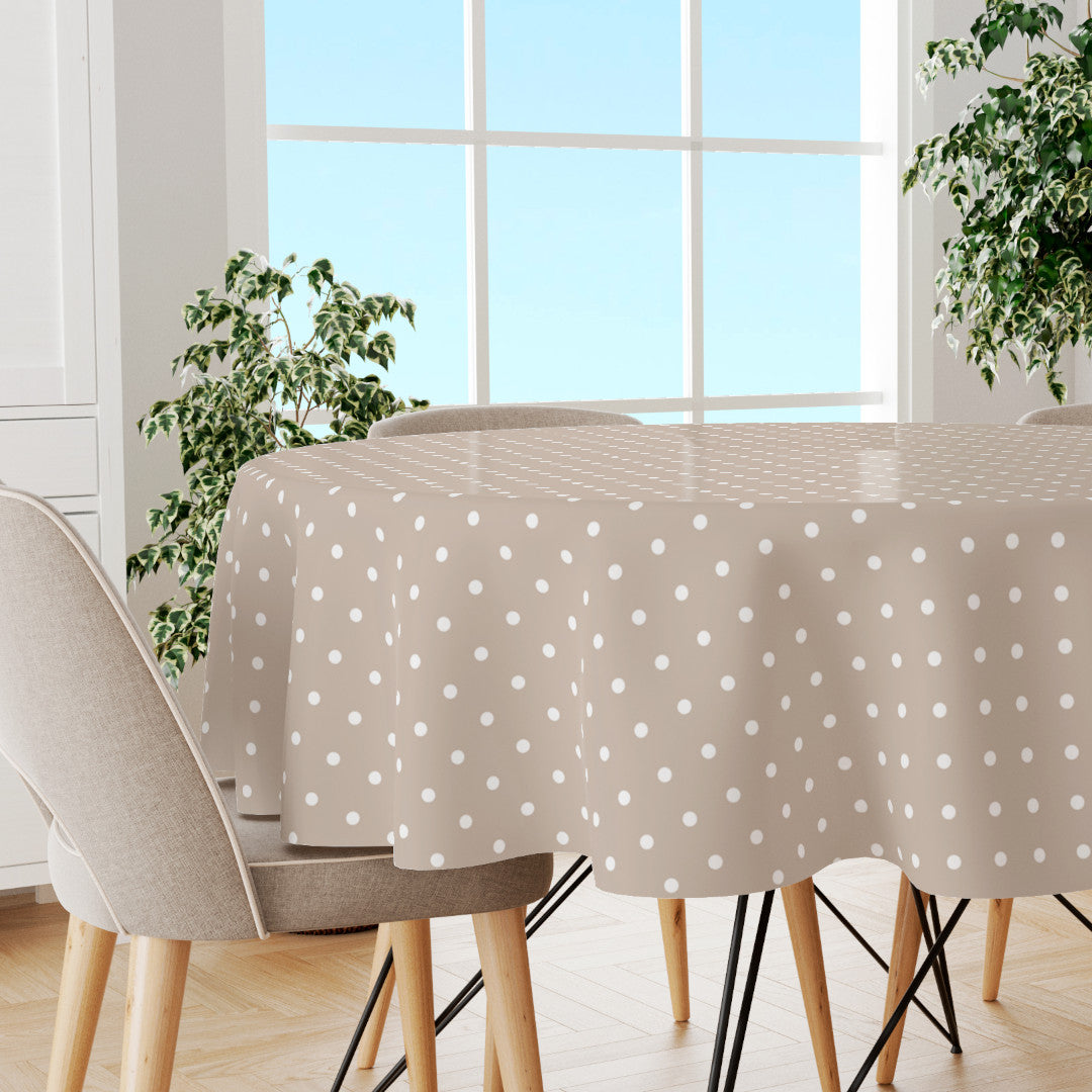 Classic Dot Beige - Rund vaxduk med vita prickar