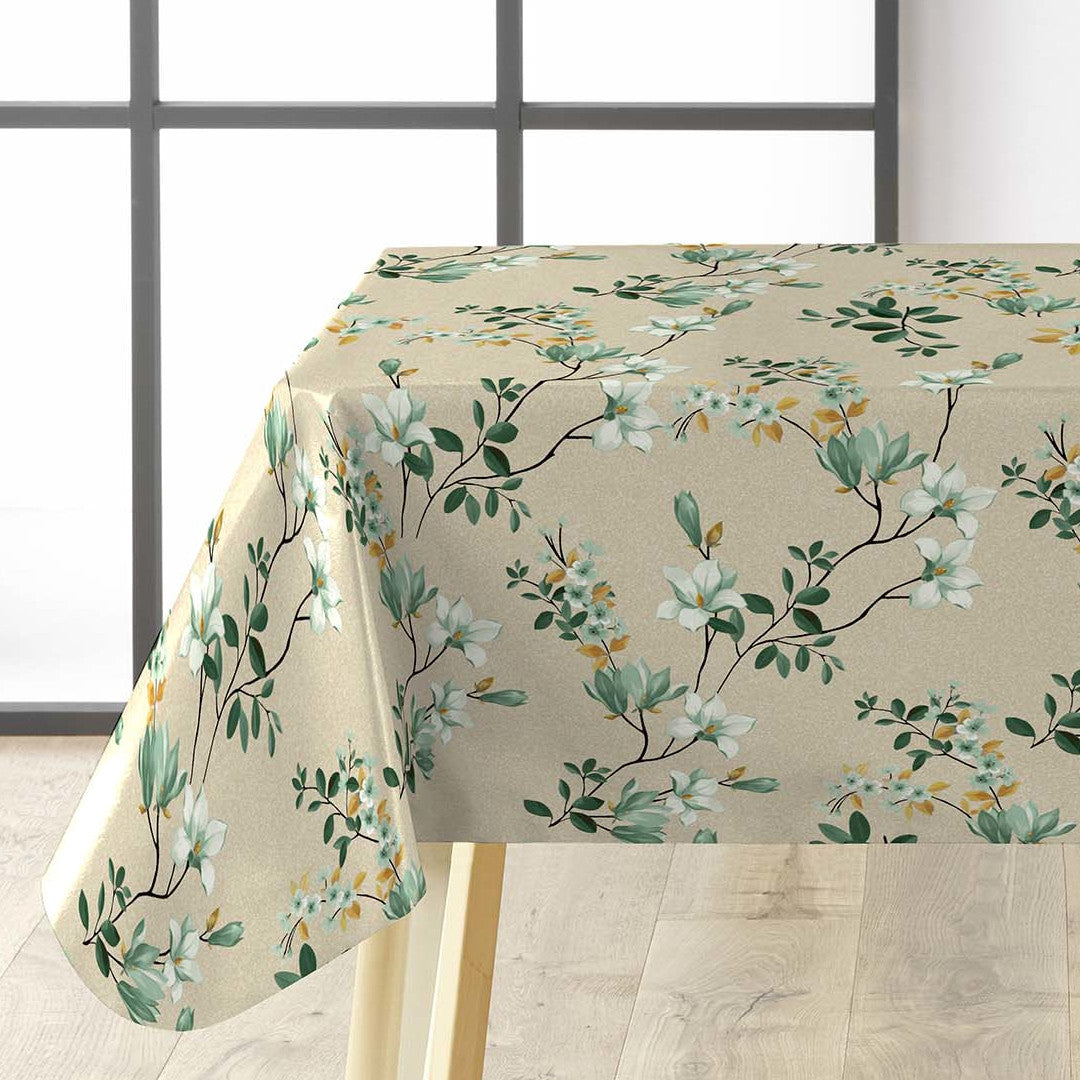 Clematite Vert – Blommig vaxduk med melerad bakgrund i varma toner, hörn