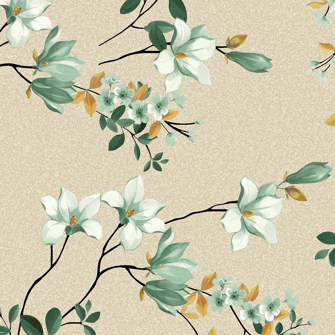 Clematite Vert – Blommig vaxduk med melerad bakgrund i varma toner, mönster