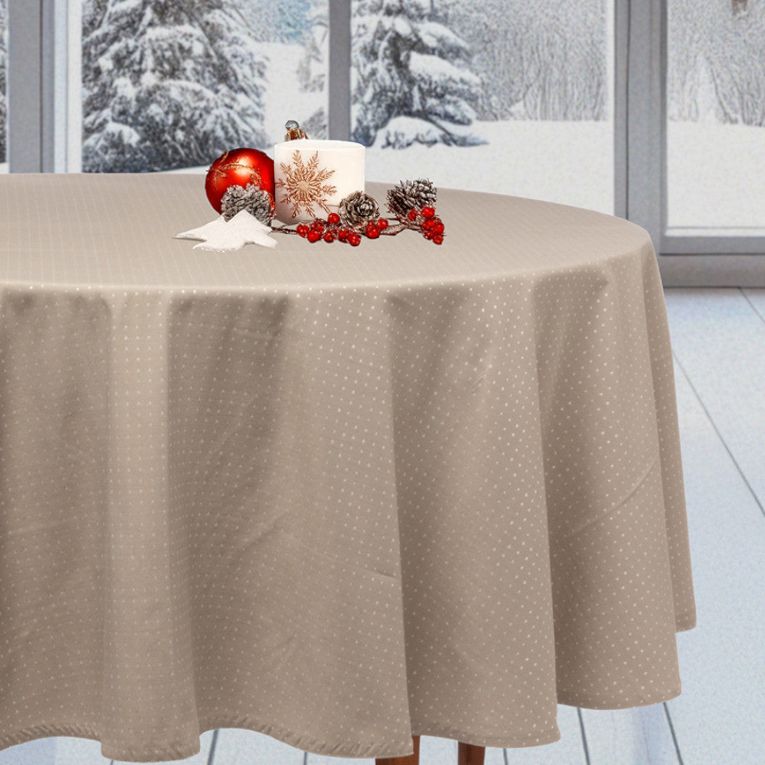 Dotea Beige – Rund damastduk med prickar, Ø 200 cm, jul