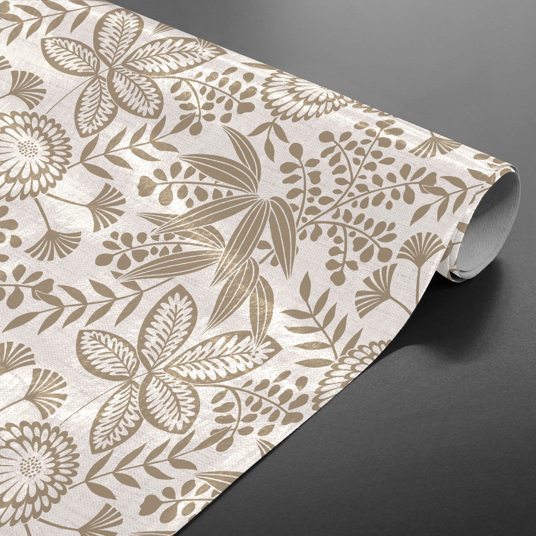 Fleuria Beige - Vaxduk i varm beige med växtmönster, på rulle