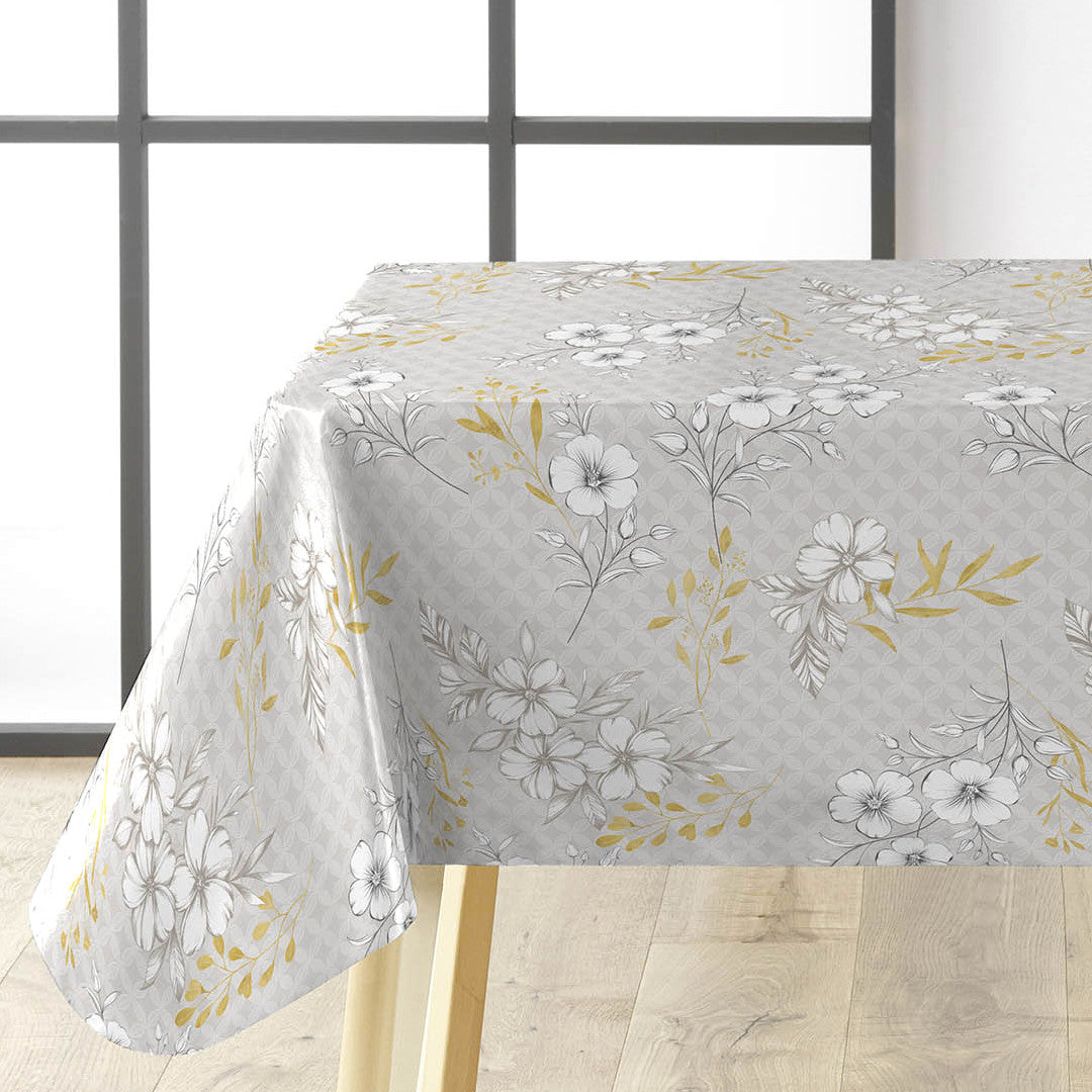 Hortense - Vaxduk med blommor i gyllene och neutrala toner, hörn