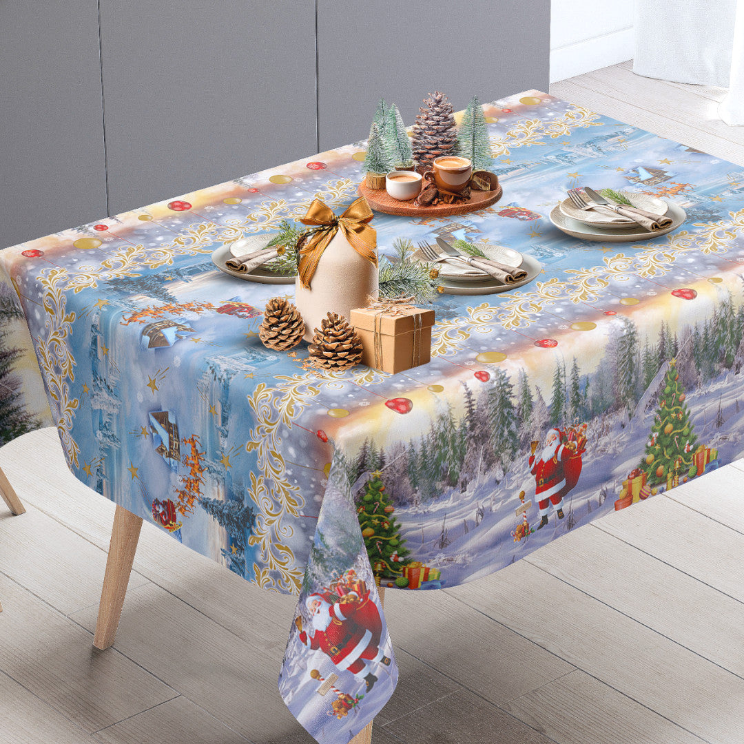 Julsaga i blått – Julvaxduk med tomte och vinterlandskap