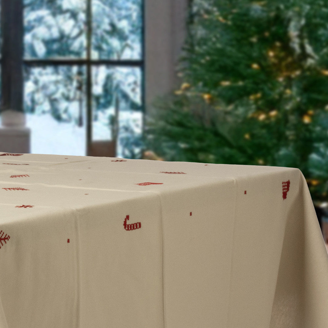 Julia Rød - Broderad julduk, 100 % bomull - 140 x 320 cm, bordskant