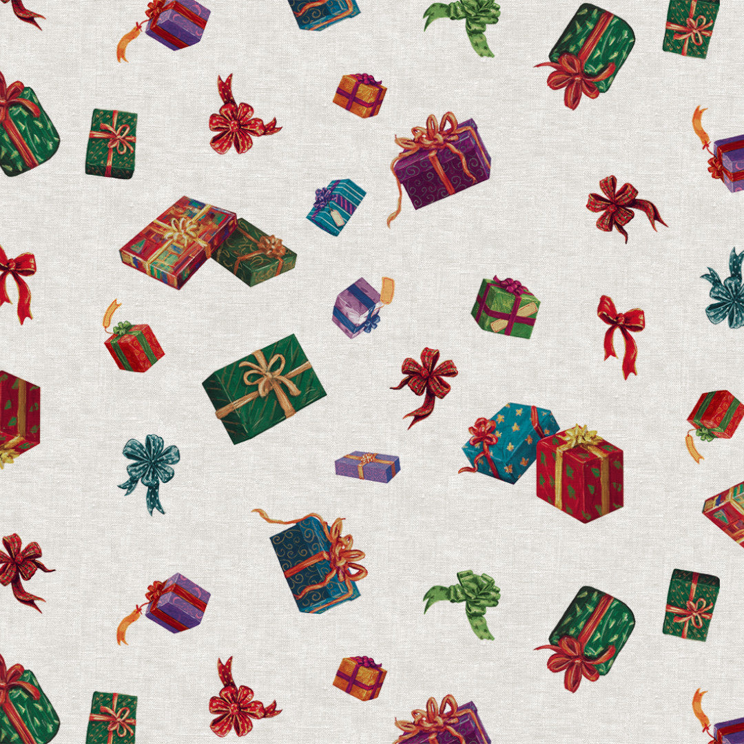 Nordfavn Cadeaux de Noël – Julvaxduk med julklappar och ljus linnelook