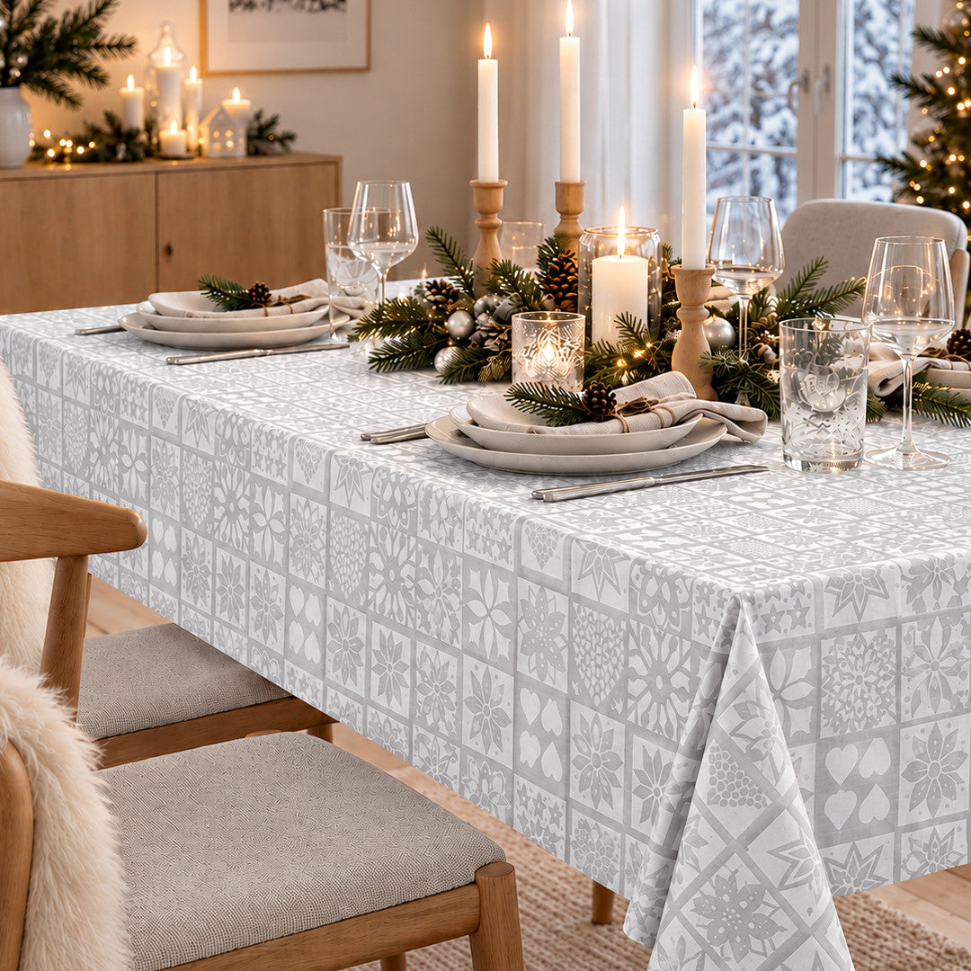 Nordfavn Christmas Carols Ljus Silver – Julvaxduk med nordiskt julmönster