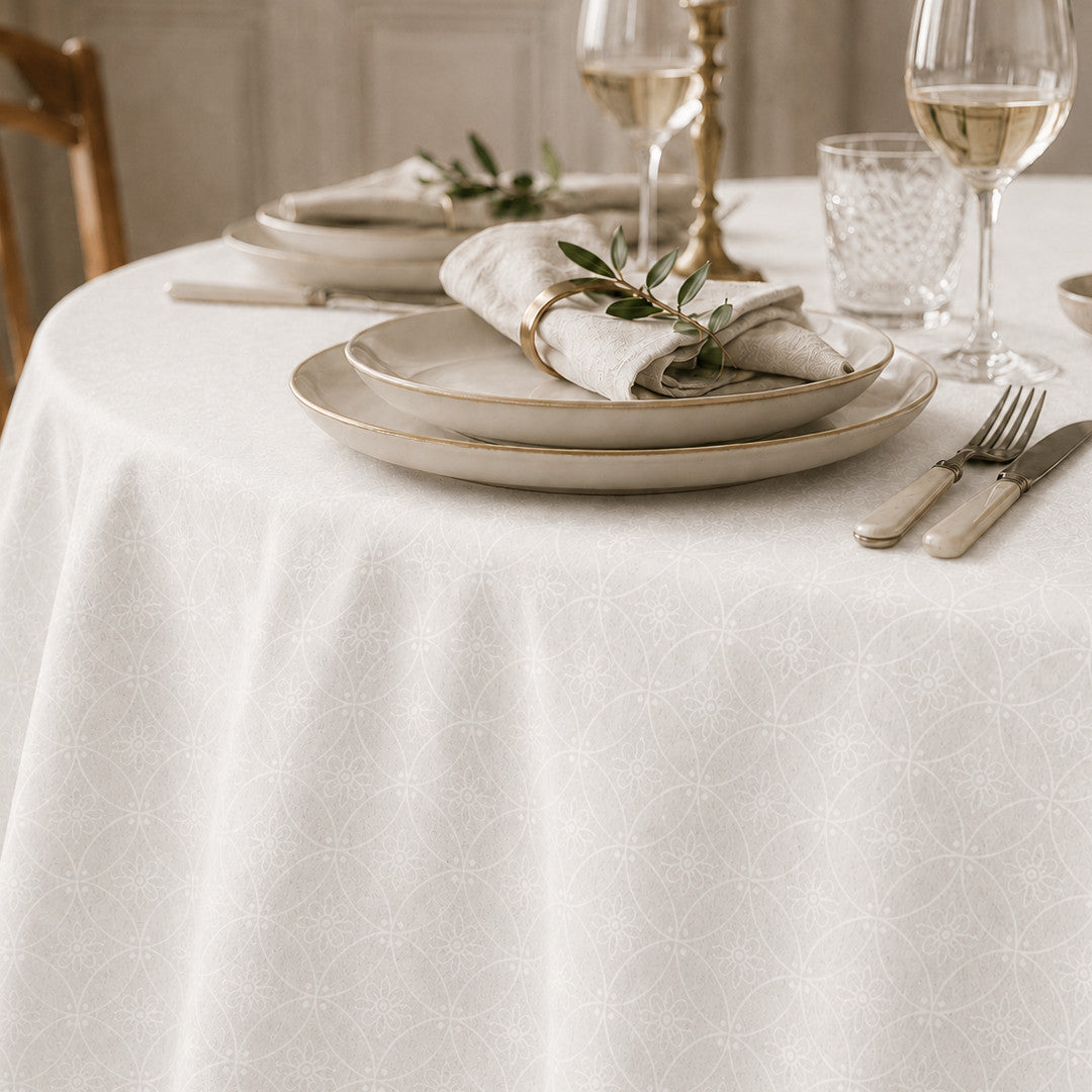 Rivera Blanco – Jacquardvävd textilvaxduk i offwhite 180 cm bred, rund
