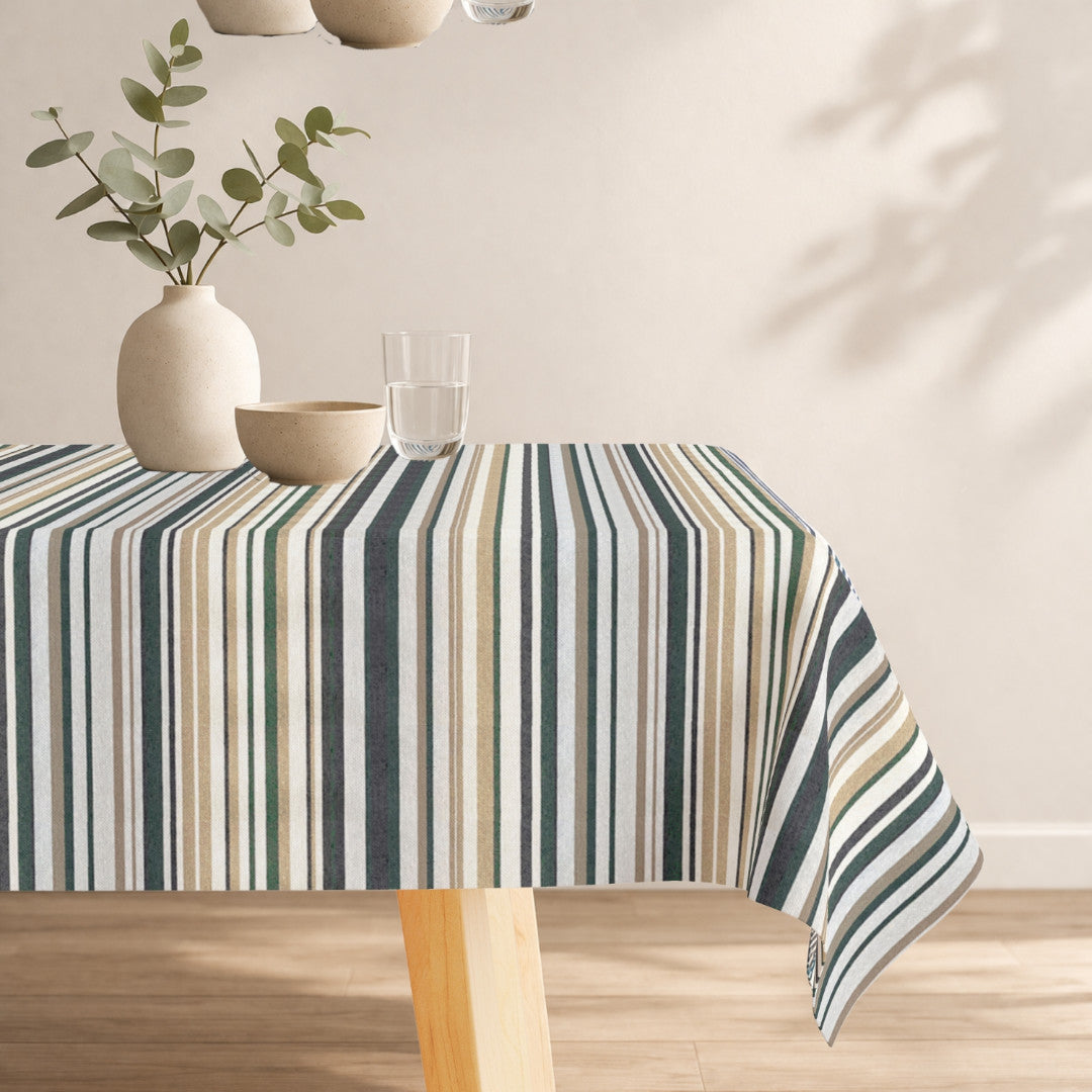 Soto – Textilvaxduk med ränder i gröna toner och naturfärger, 160 cm bred, miljö