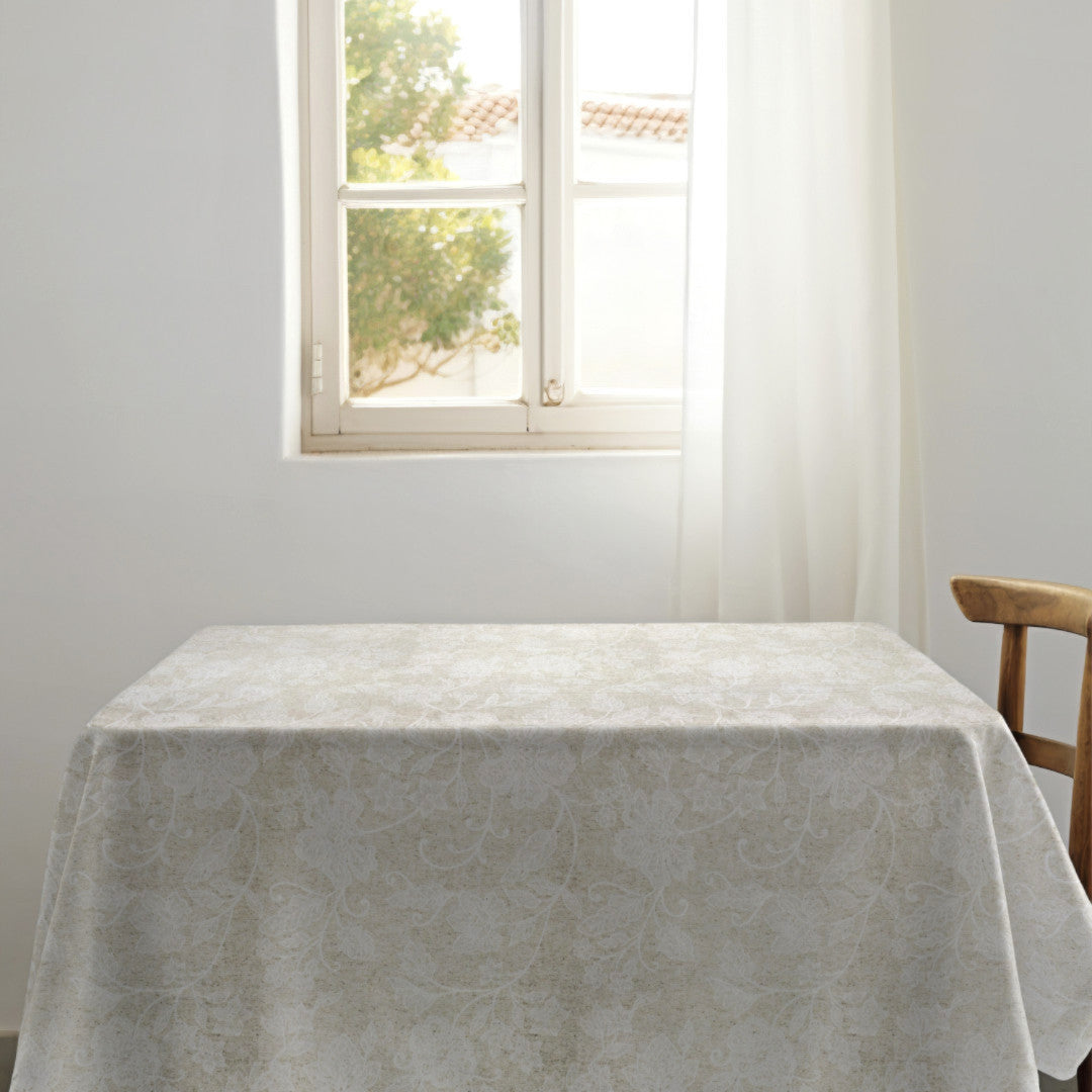 Tamayo Lino – Jacquardvävd textilvaxduk med blomstruktur, 180 cm, miljö