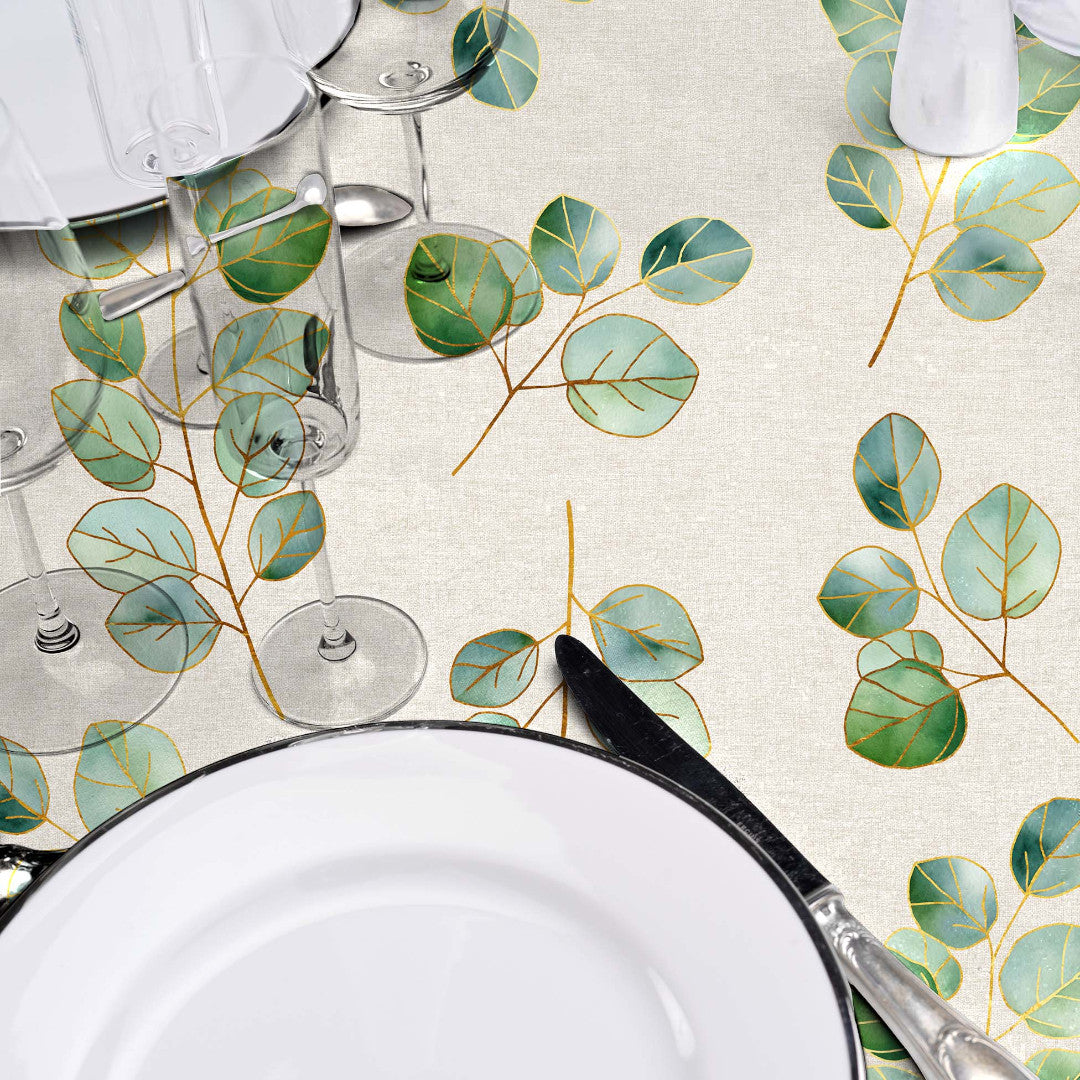 Textilia Glitter Eucalyptus – Vaxduk i linnelook med guld¬effekt, närbild