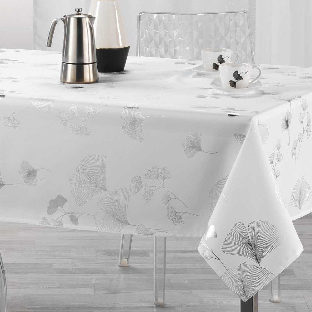 Bloomy Metallic Print - Vit/Silver - bordsduk med fläckskydd - 150 x 300 cm