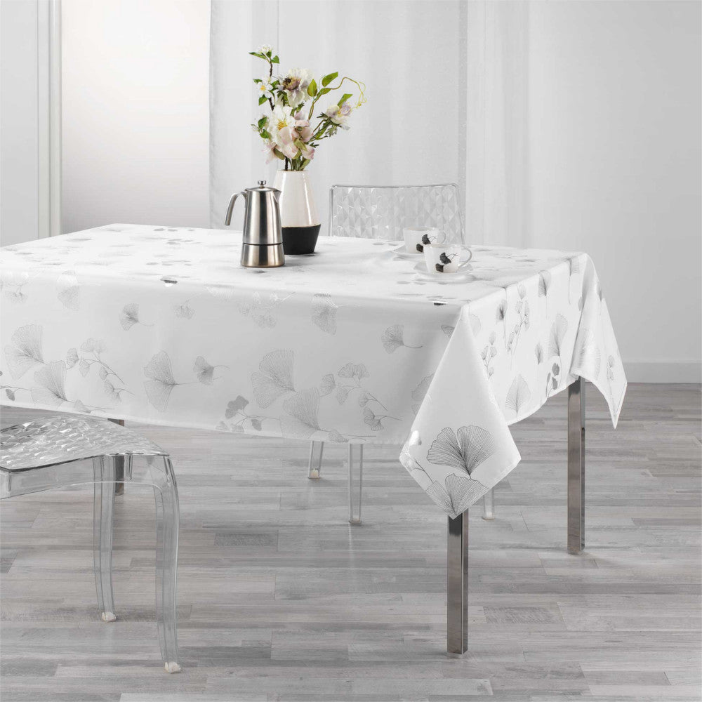 Bloomy Metallic Print - Vit/Silver - bordsduk med fläckskydd - 150 x 300 cm