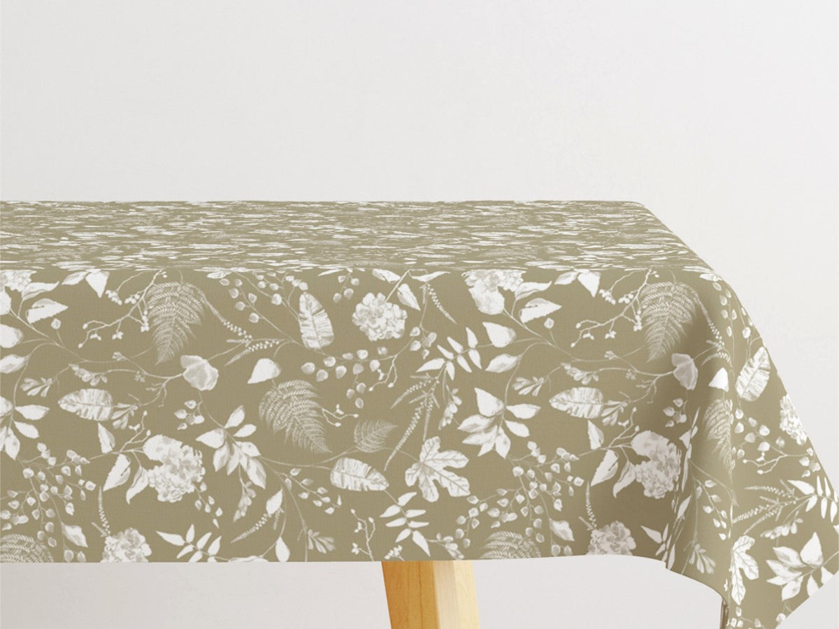 Briulov Visset Grön – textilvaxduk med vita blad och blommor