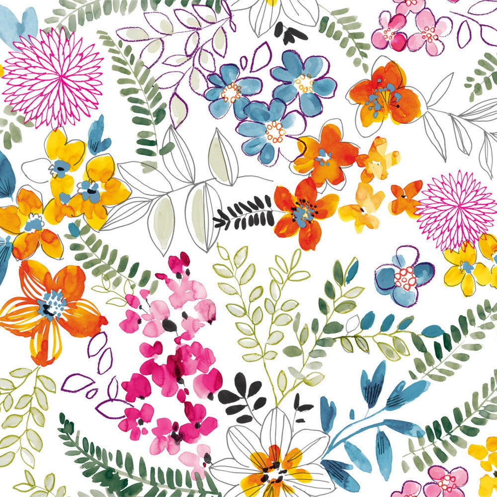 N¨rbild av Blomsterängen – Vit vaxduk med färgglada blommor