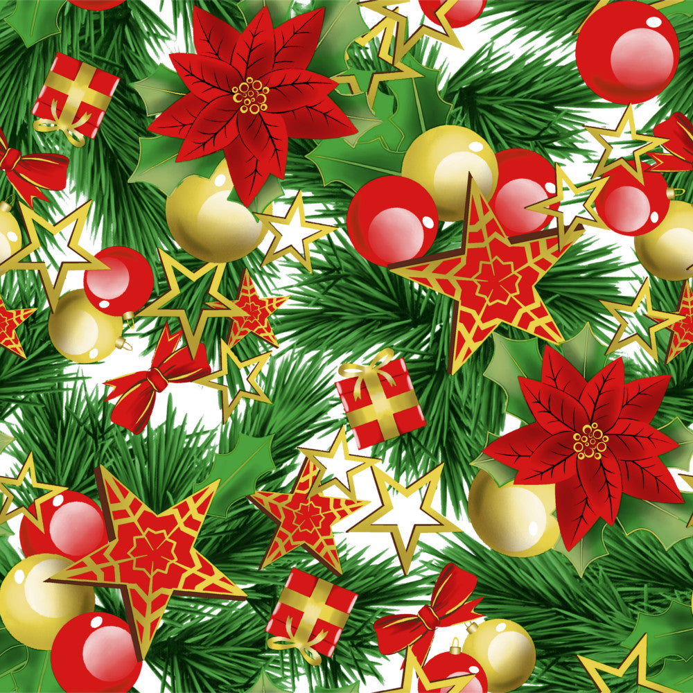 Estrella Christmas Time - Textilvaxduk med, kulor, gran, rosetter och paket