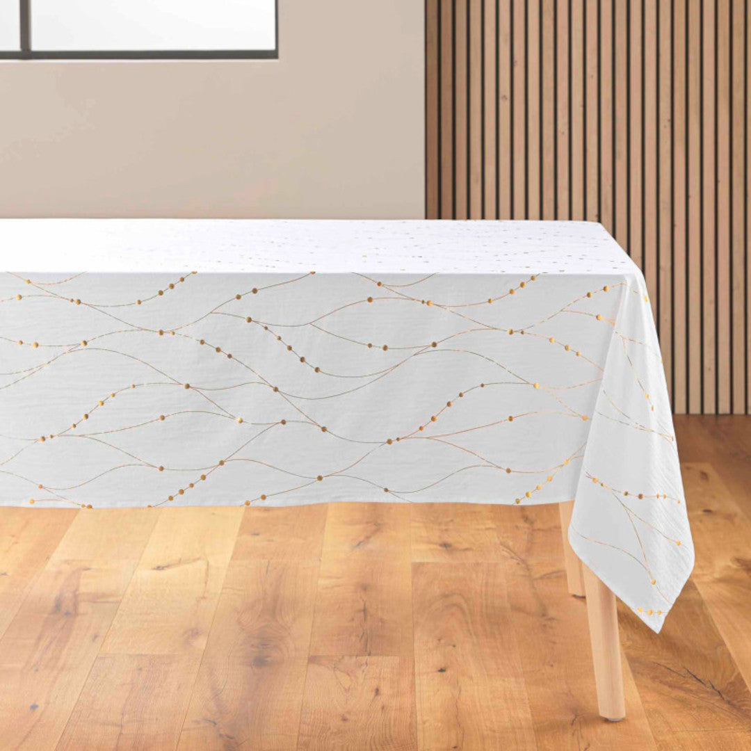 Firmament Metallic Print Vit/guld - Vit nyårs-/julduk med guldtryck, 140 x 240 cm, hörn