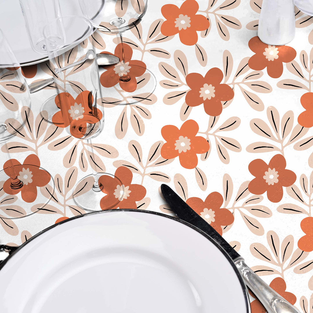 Bordet duikat med Flory Orange - Fin vaxduk med blommor i varma färger