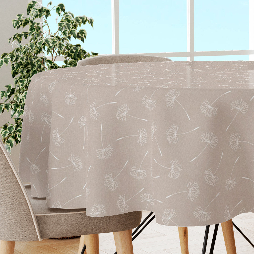 Frøvik Beige – Rund vaxduk med vita blommor i linnelook
