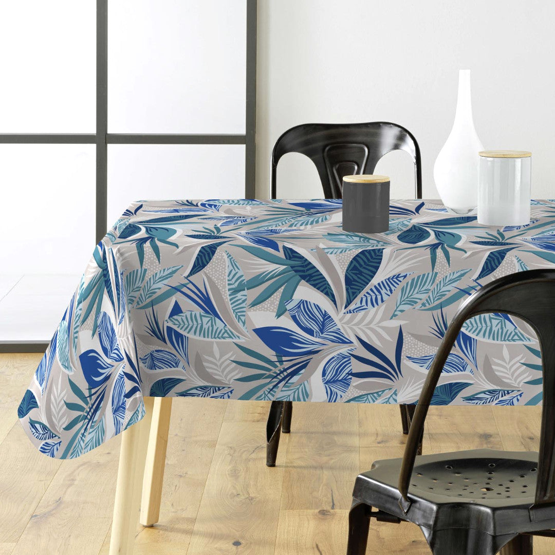 Dukat bord med Funky Blue Jungle - Vaxduk med blad i blå nyanser på en grå bakgrund