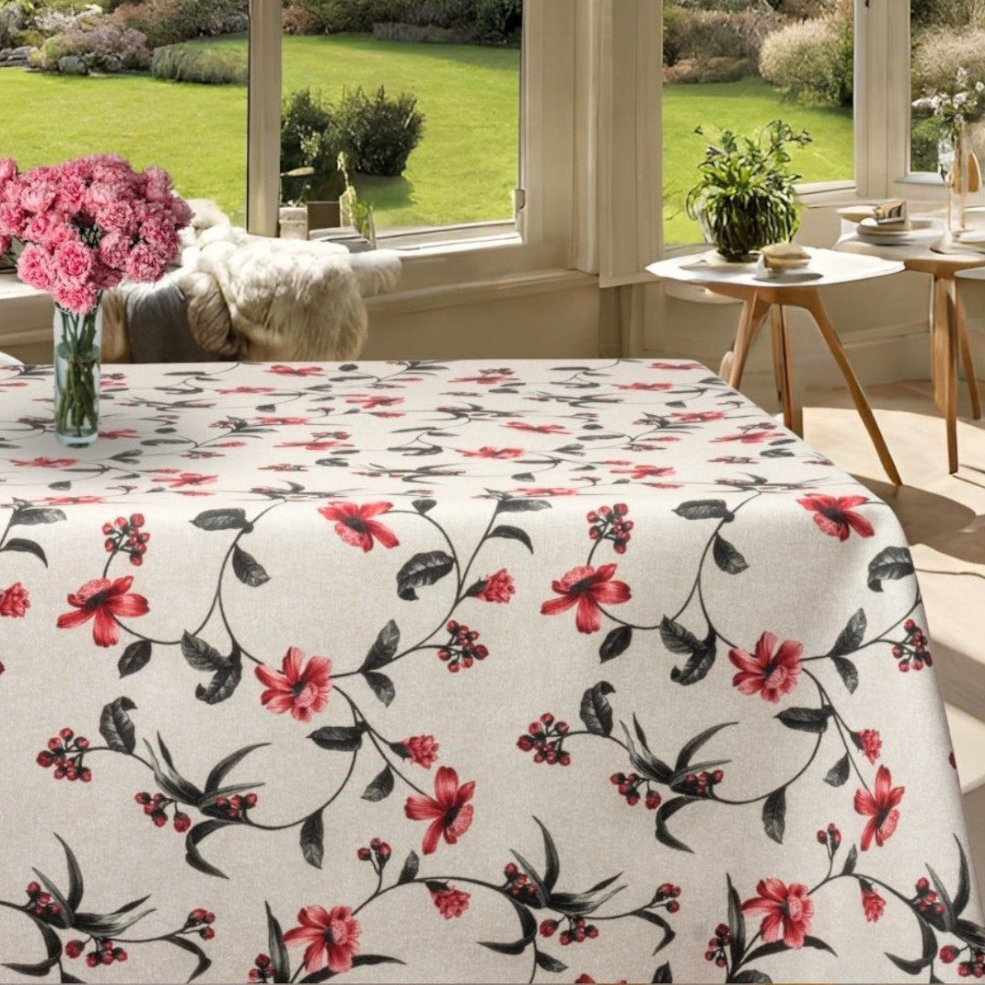 Hals natur, textilvaxduk med vackra blomslingor