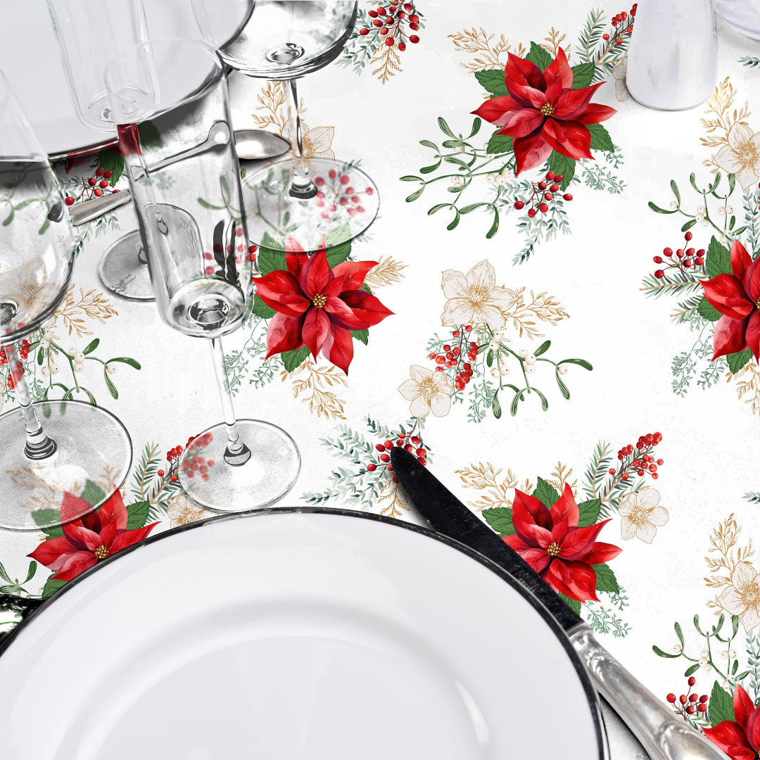 Julvaxduk "Julestjärnans Elegance" på bordet, mistel, vit julros