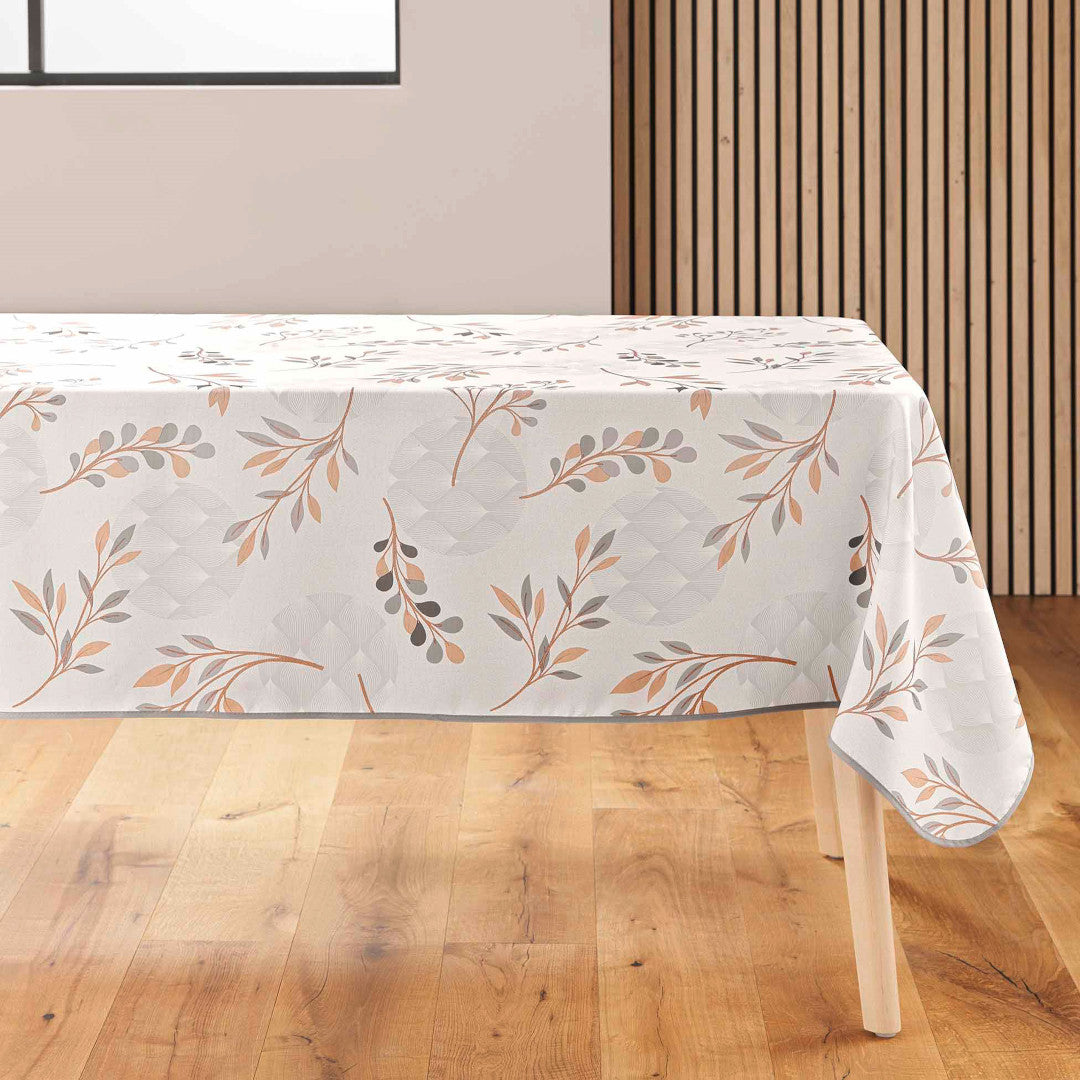 Manola Natural rektangulär duk med bladmönster i beige och grått på vit bakgrund