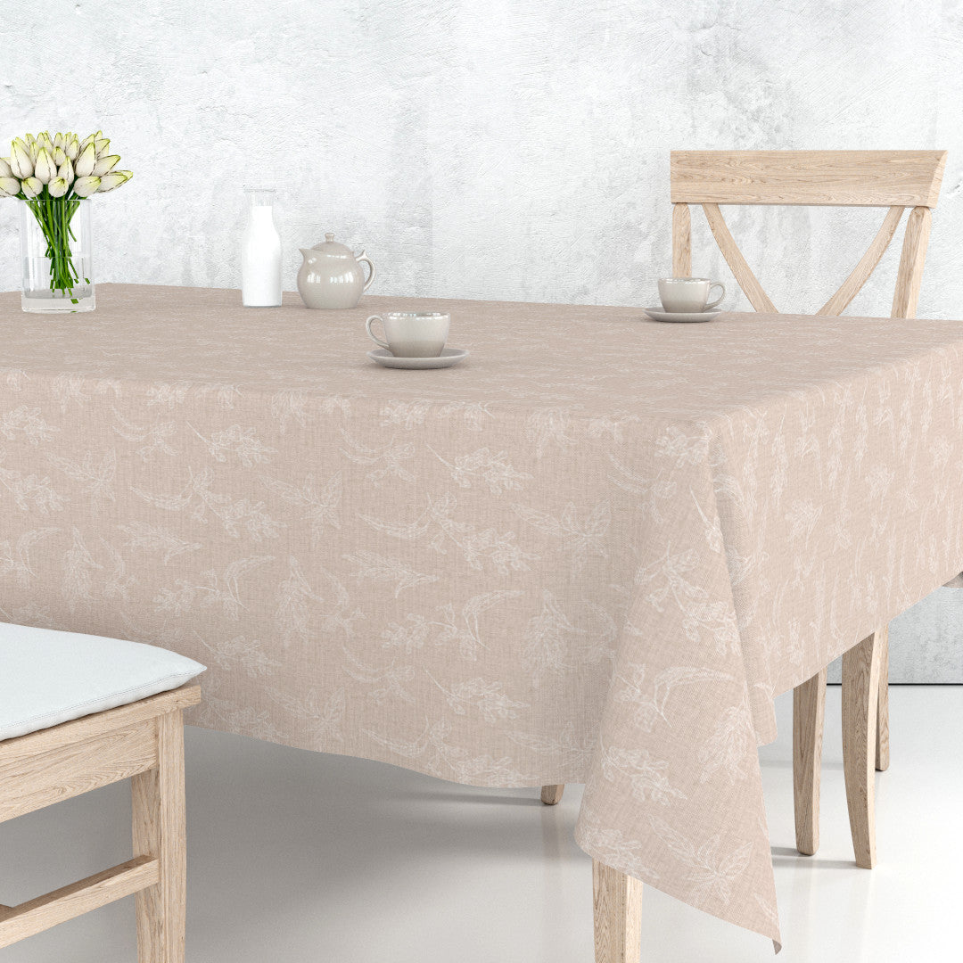 Bordet dukat med Mesina Beige - Vaxduk i linne-look med vitrandiga blad