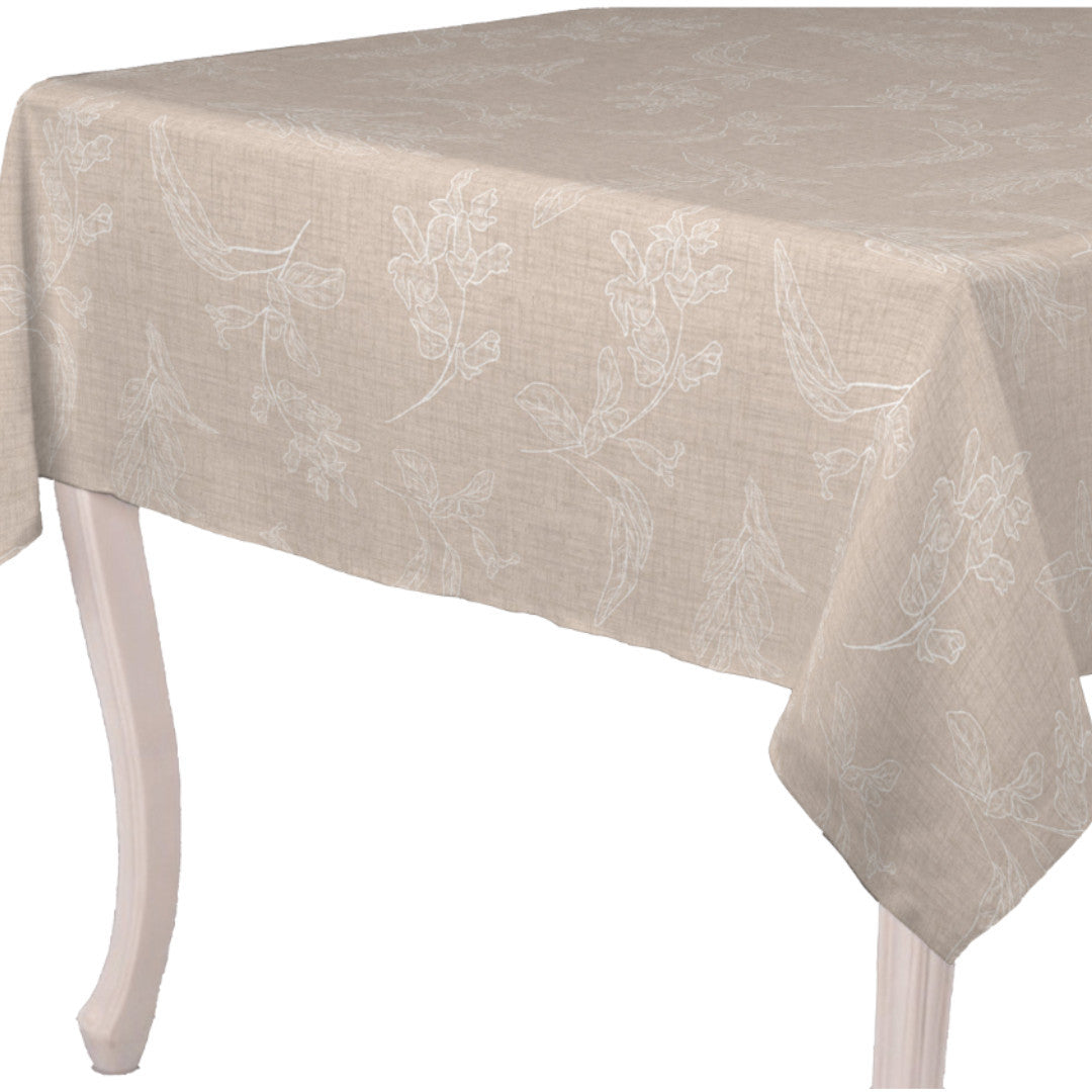 På bordet Mesina Beige - Vaxduk i linne-look med vitrandiga blad