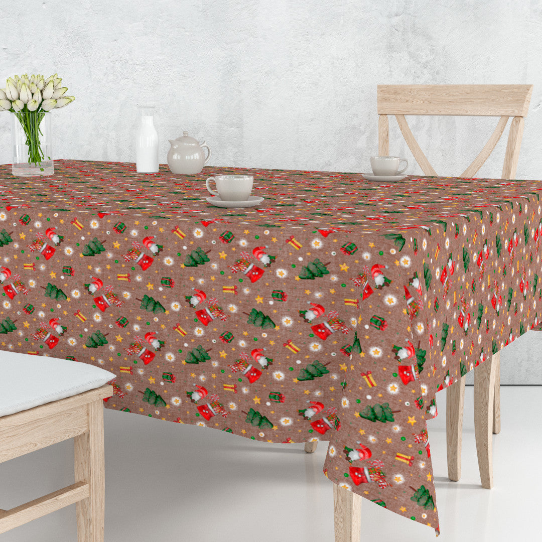 Regalos julbordsduk - textilduk i varm brun linne-look med julklappar, tomtar och julgranar