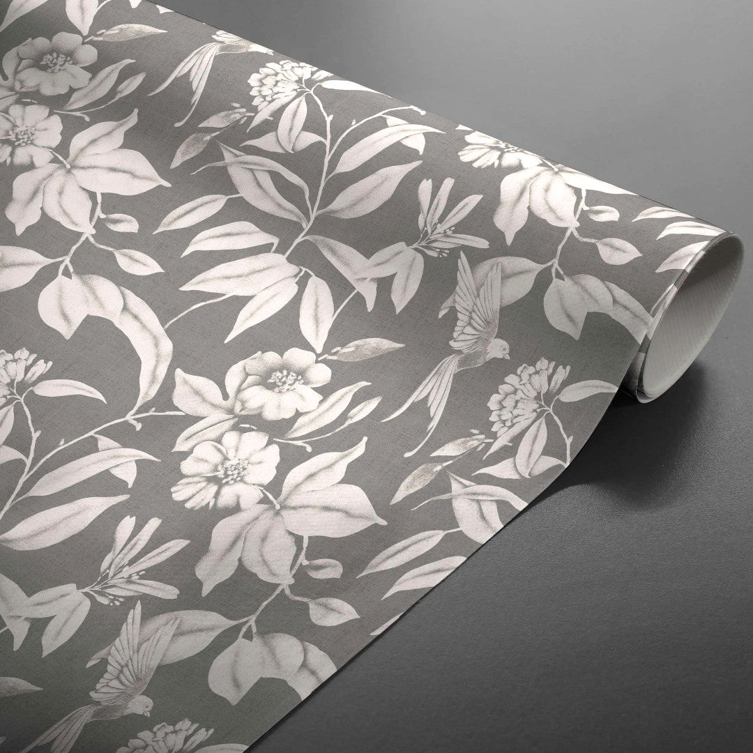 Textilia Miosotis Grey vaxduk med grå linnelook och blad på rulle