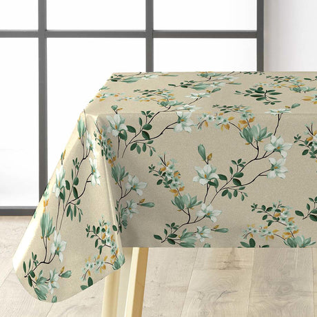 Clematite Vert – Blommig vaxduk med melerad bakgrund i varma toner, hörn