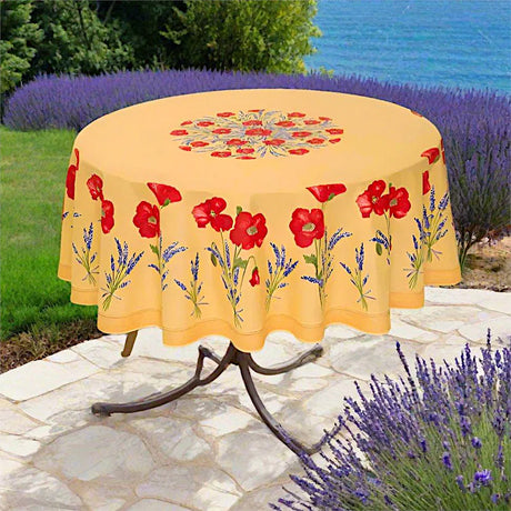 Coquelicot Lavande Gul - Rund akrylbelagd provenceduk Ø 180 cm