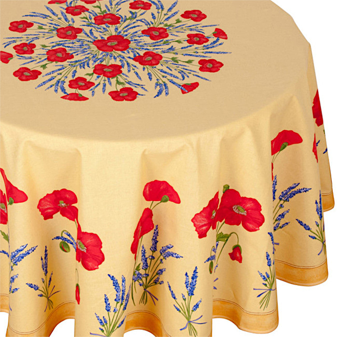 Coquelicot Lavande Gul - Rund akrylbelagd provenceduk Ø 180 cm, närbild