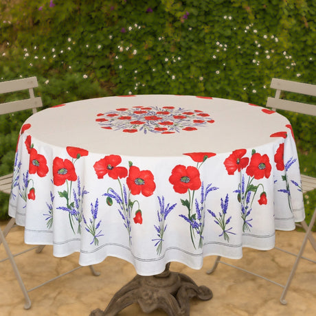 Coquelicot Lavanda Råvit - Rund akrylbelagd provenceduk Ø 180 cm, miljö