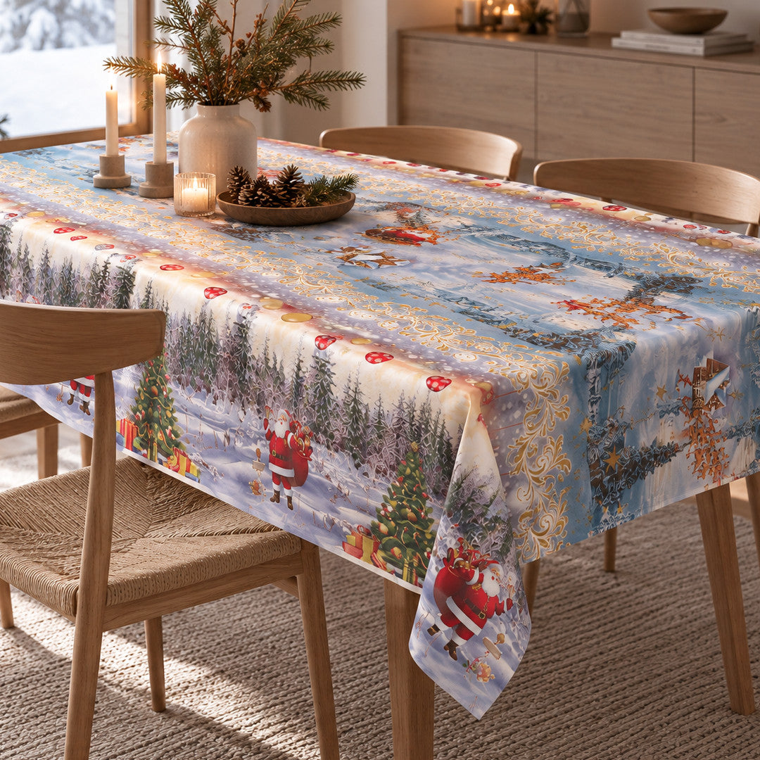 Julsaga i blått – Julvaxduk med tomte och vinterlandskap, miljö