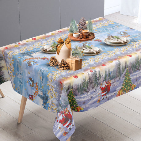 Julsaga i blått – Julvaxduk med tomte och vinterlandskap