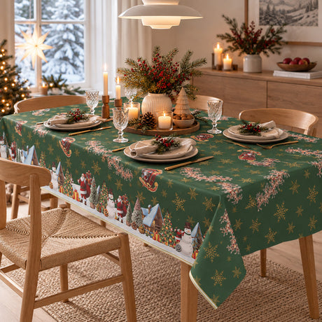 Jultomtens Slädtur Grön – Julvaxduk med renar och snögubbar, miljö