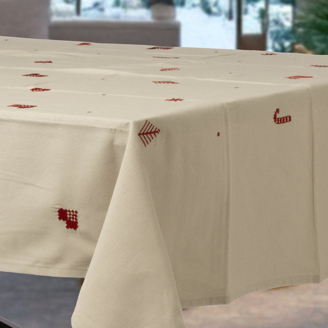 Julia Röd - Broderad julduk, 100 % bomull - 140 x 270 cm, hörn