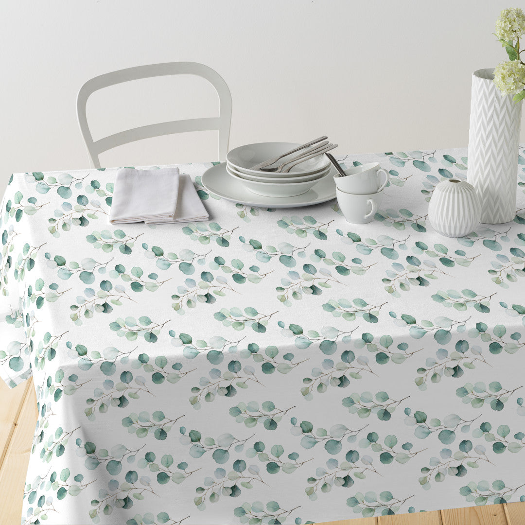 Junos Eucalyptus – Textilvaxduk med akvarellblad, bord