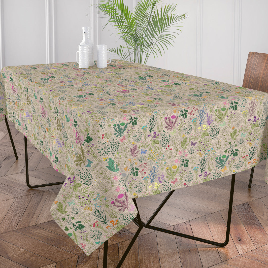 Lino Meadow – Textilvaxduk med blommor och naturmotiv i elegant linnelook, miljö