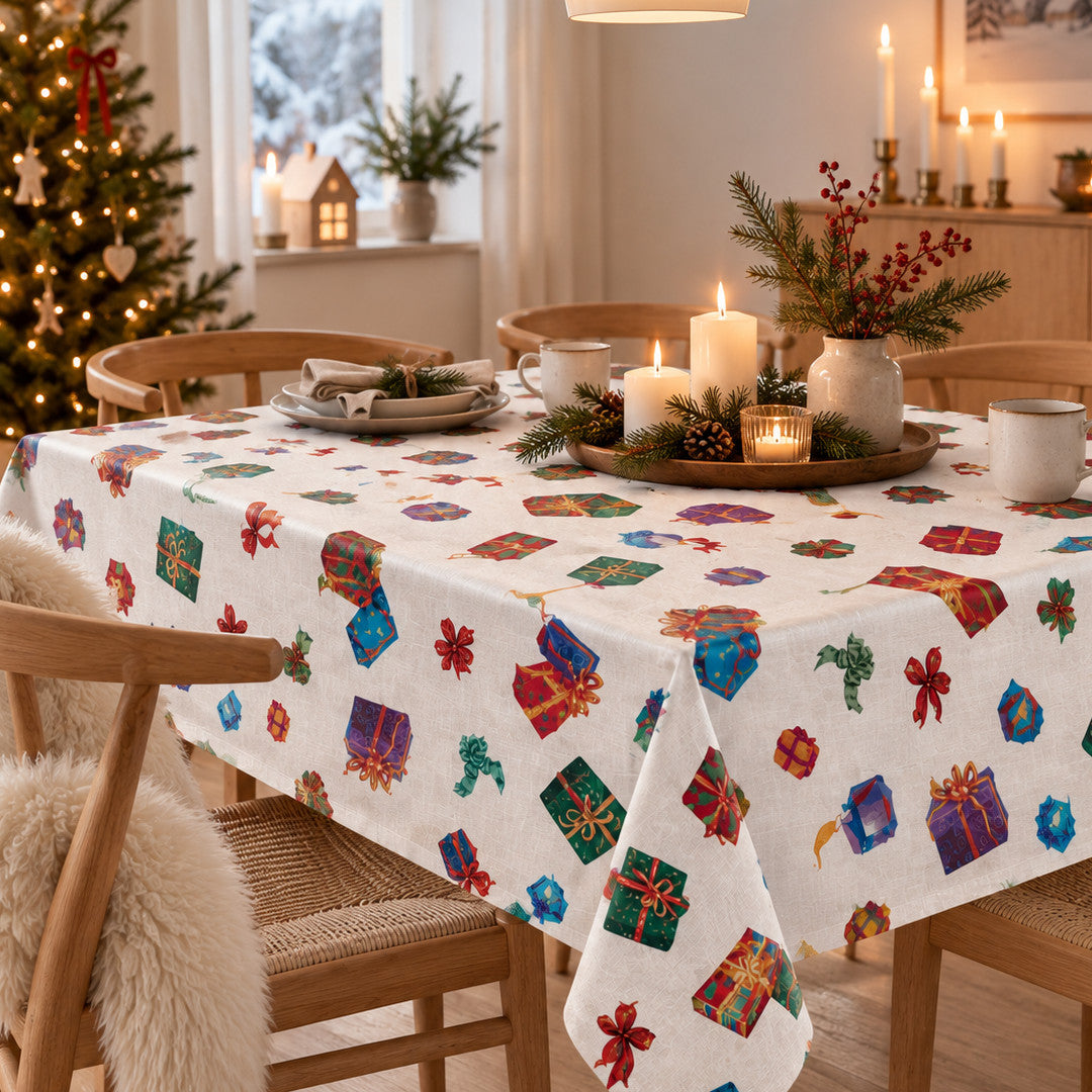 Nordfavn Cadeaux de Noël – Julvaxduk med julklappar och ljus linnelook