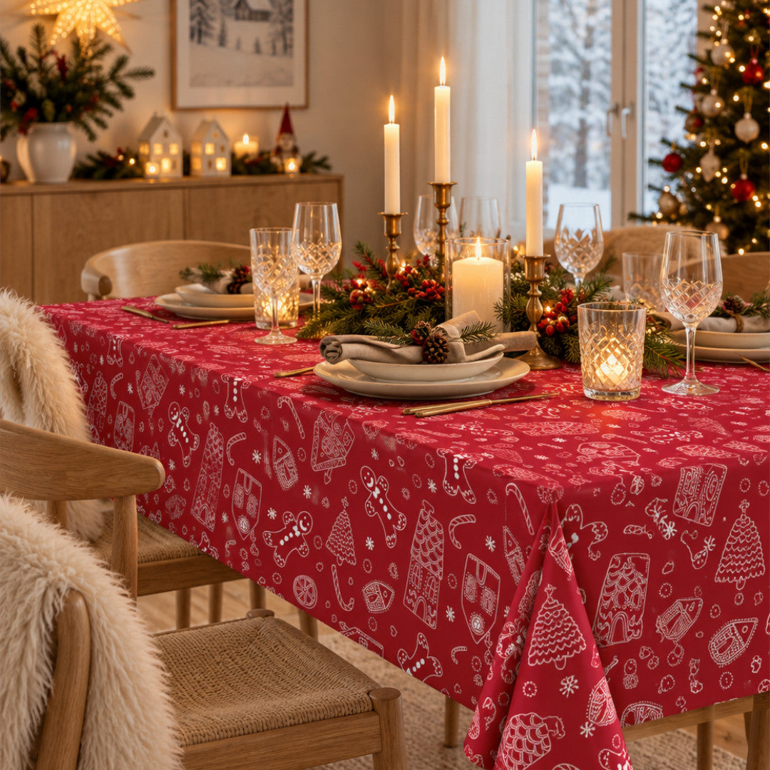 Nordfavn Ginger Cookies Röd – julvaxduk med pepparkaksmotiv