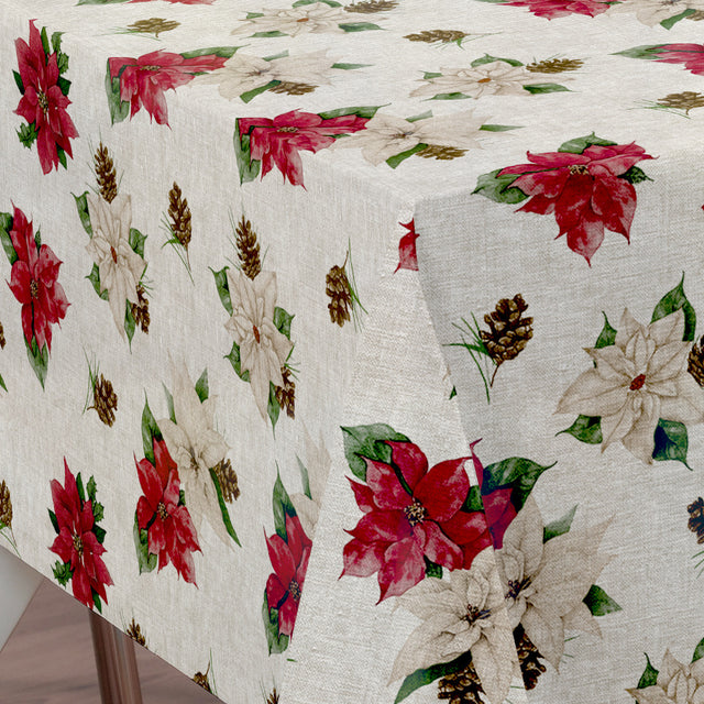 Nordfavn Poinsettia – Julvaxduk med linnelook och julstjärnor