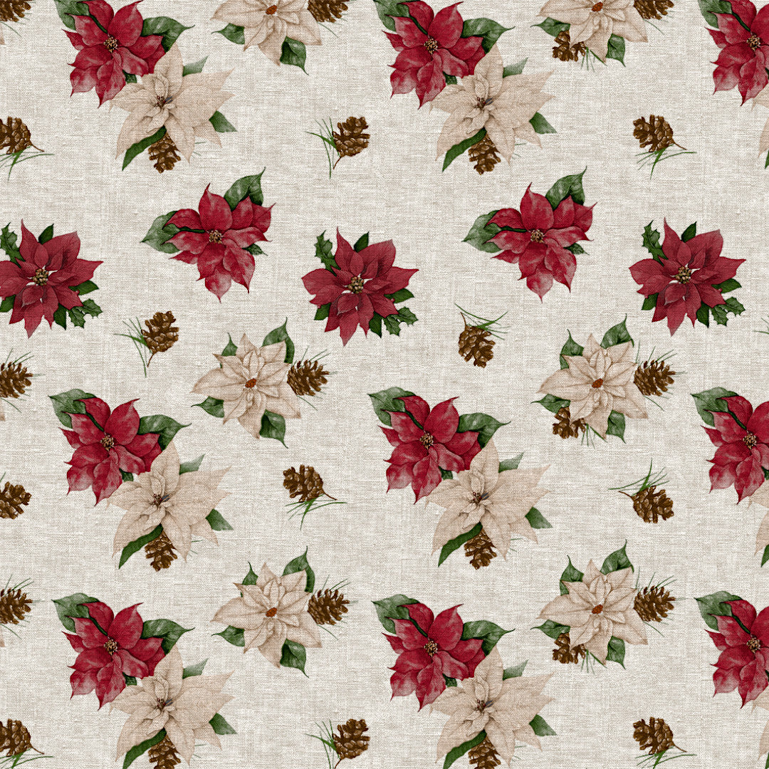 Nordfavn Poinsettia – Julvaxduk med linnelook och julstjärnor mönster