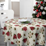 Nordfavn Poinsettia – Rund julvaxduk med linnelook och julstjärnor
