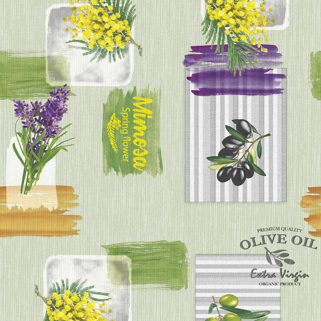 Provence Olives & Fleurs - Vaxduk med grön bakgrund