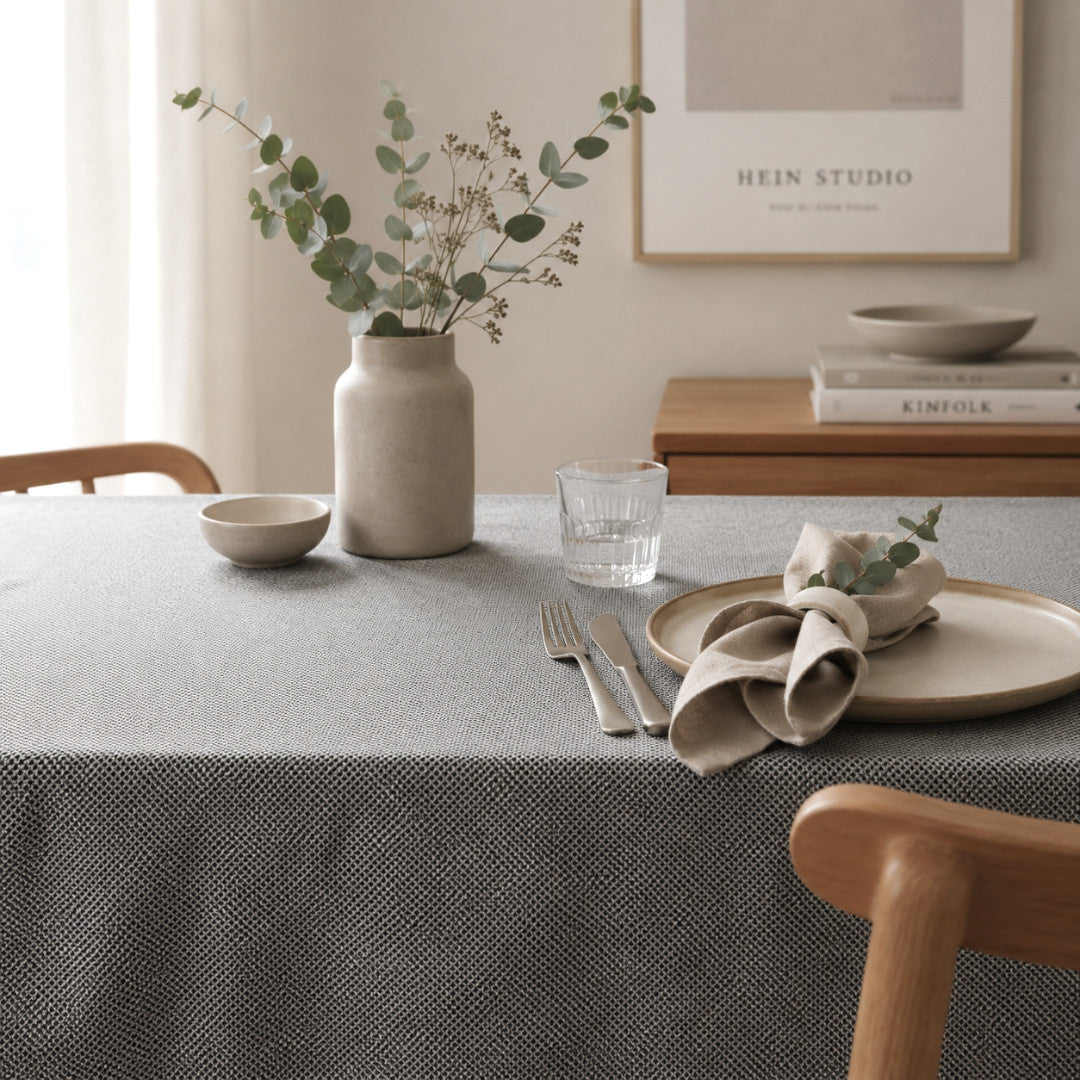 Nordfavn Roa Grafito Antracit – Bred jacquardvävd textilvaxduk, 160 cm, miljö