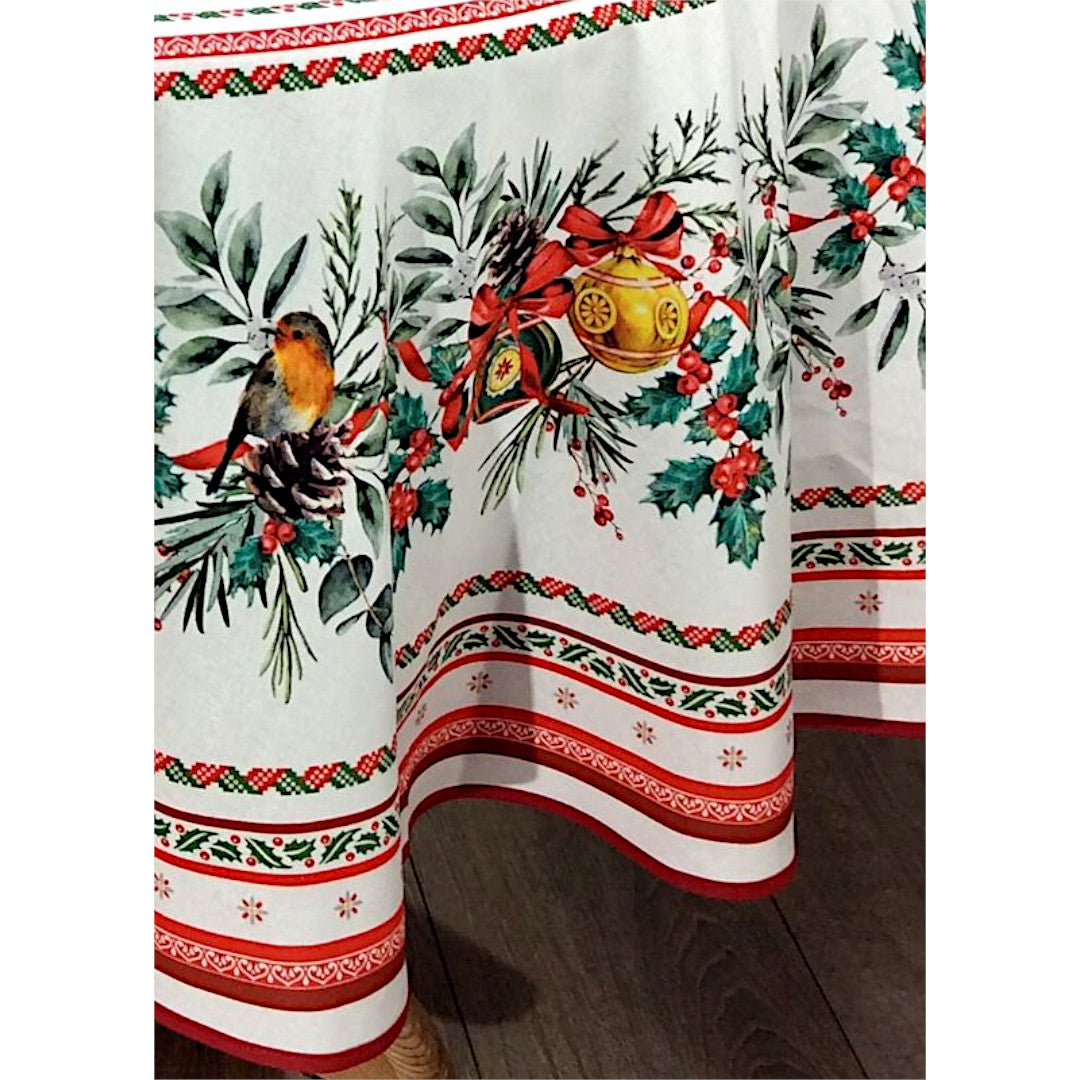 Sylvestre Vit – Rund akrylbelagd fransk julduk, Ø 230 cm, närbild