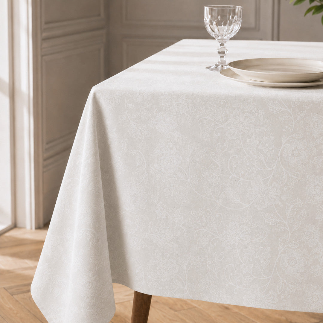 Tamayo Blanco – Jacquardvävd textilvaxduk i offwhite 160 cm bred, hörn