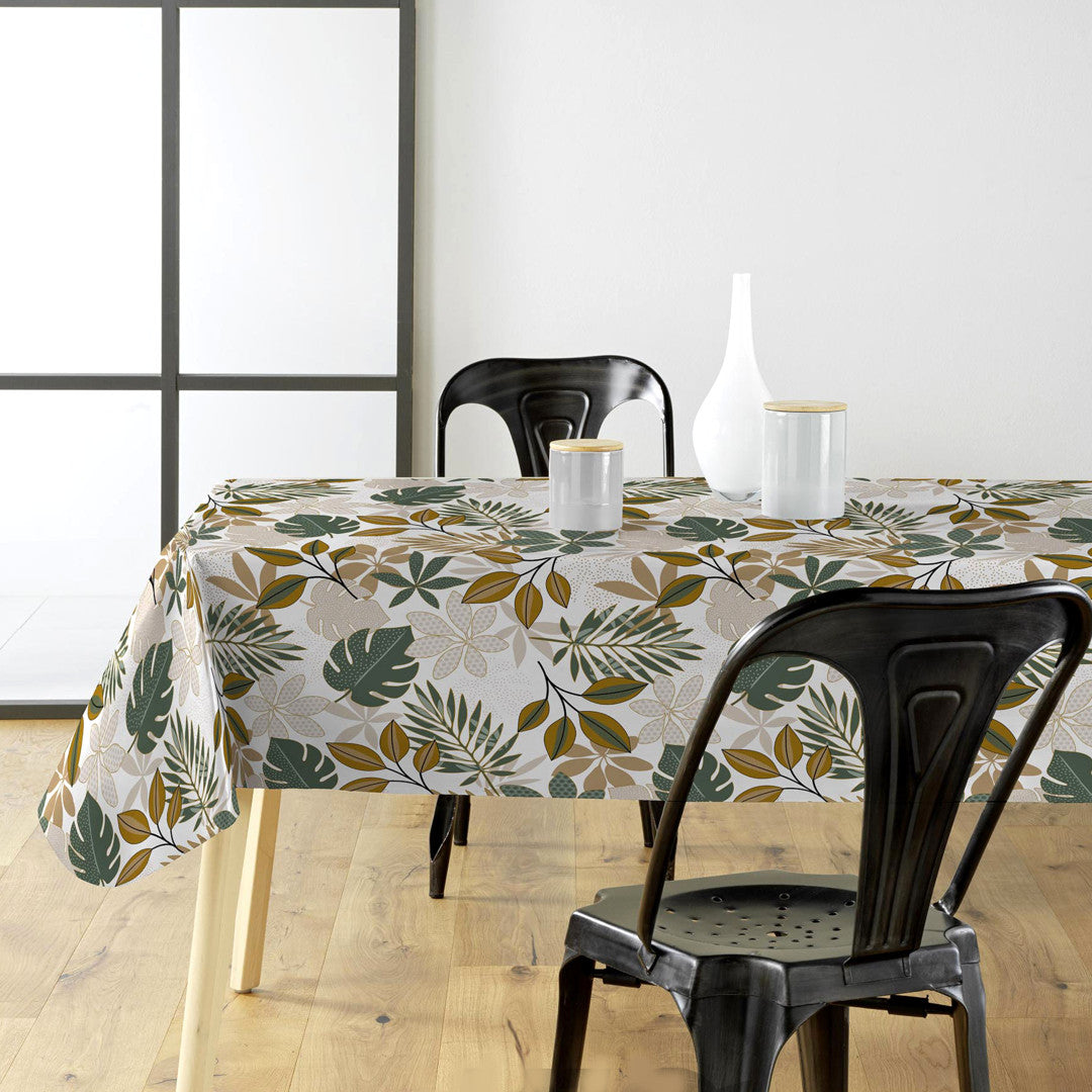 Bordet dukat med Bruinelle Green - Vaxduk med bladmönster i grönt och beige